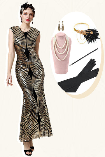 Golden Paljetter Glitter Long Flapper Kjole med 20s Tilbehør Set